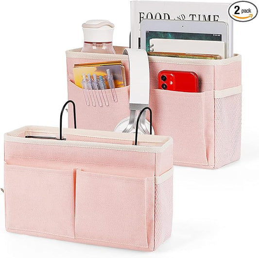 Bedside Caddy Bedside Storage Organizer Hanging Bunk Bed Dorm Room with Side Pockets for Water Bottles, Books, Cell Phones, Headphones 2 Pack (Pink)-NeatNest