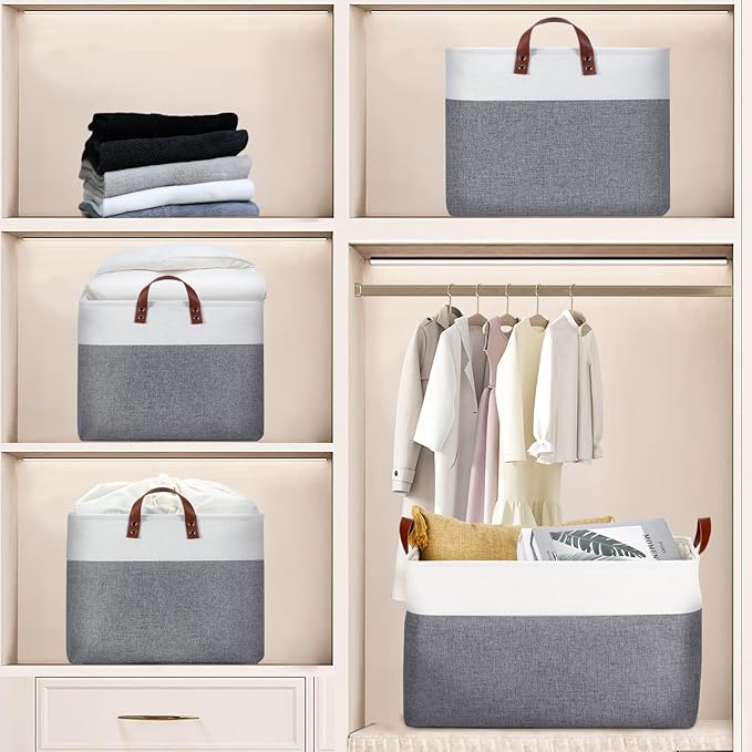 DULLEMELO Extra Large Storage Basket for Organizing, 70L Oversized Storage Bin Foldable Canvas Fabric Blanket Basket, 22" x 15" x 13" Large Kids Toy Basket Organizer with Handles (White&Grey)-NeatNest
