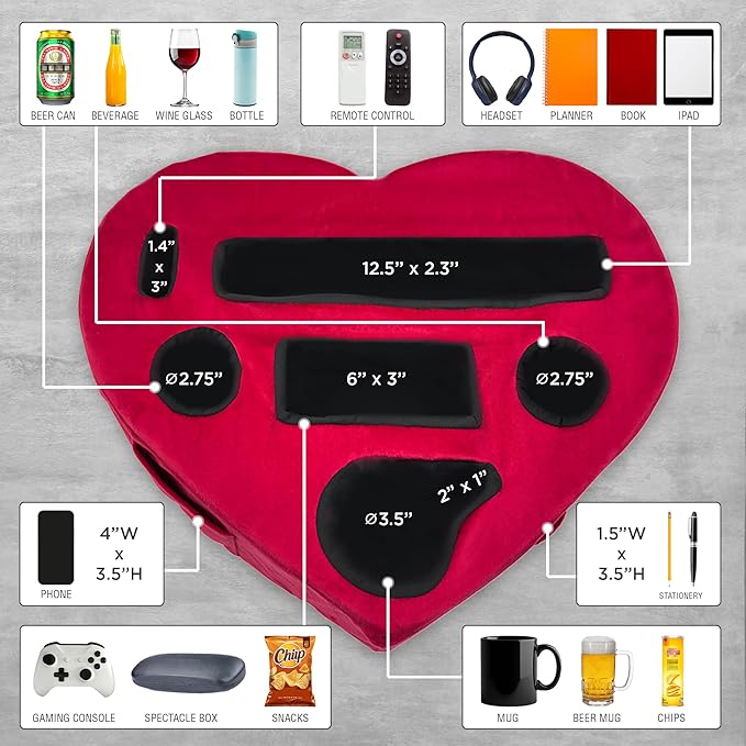 Heart-Shaped 8-in-1 Bed & Couch Cup Holder, Sofa Organizer Caddy Holds Phone, Tablet/iPad, TV Remote, Gaming Console, Mug - Drinks Cupholder Tray - Buddy Pillow Gift for Women & Couples, Red-NeatNest