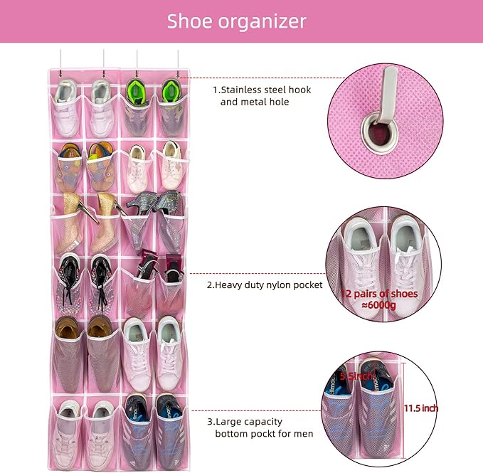 Hanging Shoe Organizer 2Pack, Over The Door Shoe Rack with 24 Mesh Pockets - Pink (2pack), Size: 58x21 Inch-NeatNest