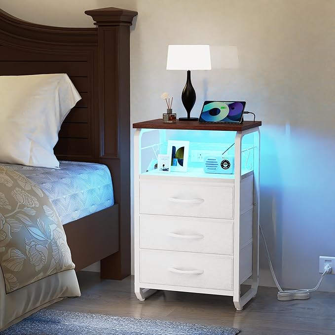 Bed Side Table with 3 Fabric Drawers, Night Stand with Charging Station, LED Nightstand with Hooks, Bedside Table End Table with Storage, Night Table for Living Room, Bedroom Walnut-NeatNest