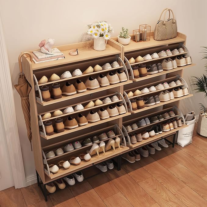 AVZEAR Narrow Shoe Storage Cabinet with 3 Flip Drawers, Freestanding Shoe Organizer Wooden Closed Shoe Rack, Slim Shoe Cabinet Storage for Entryway, Hallway, Living Room (Natural)-NeatNest