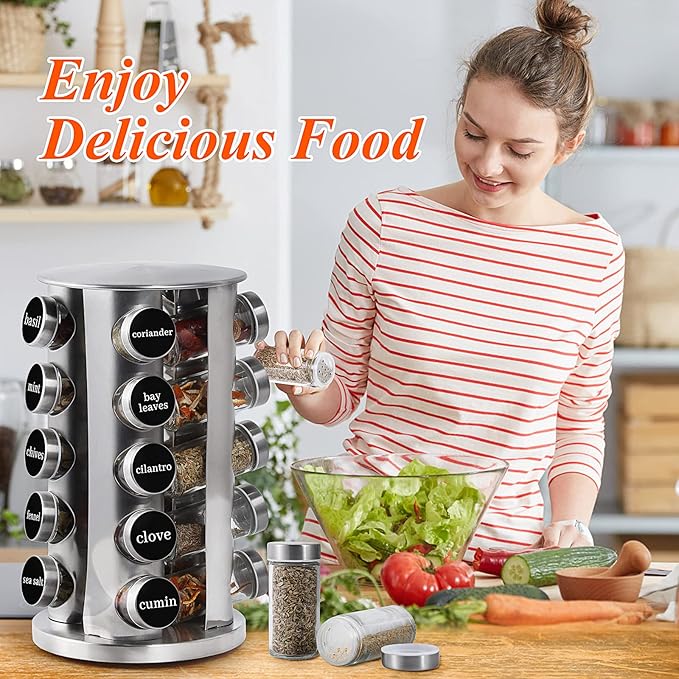 DOUBLE 2 C Revolving Spice Rack with 20 Jars, Rotating Spice Rack Organizer, Seasoning Organizer with Labels, Stainless Steel Spice Carousel for Kitchen Countertop, Cabinet-NeatNest