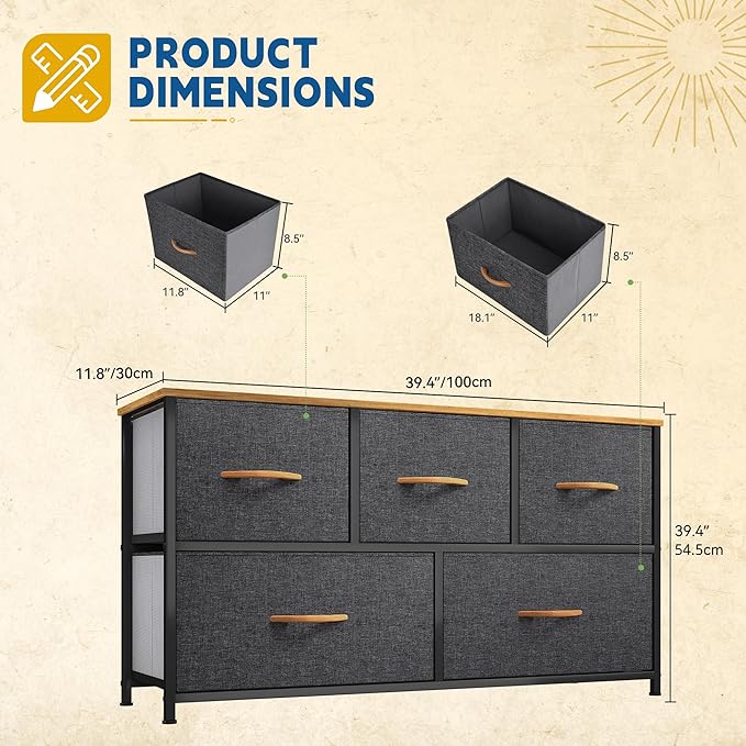 DWVO Dresser TV Stand, Fabric Tower with 5 Drawers, Dresser for Bedroom, Storage Tower, Chest of Drawers for Closet-NeatNest