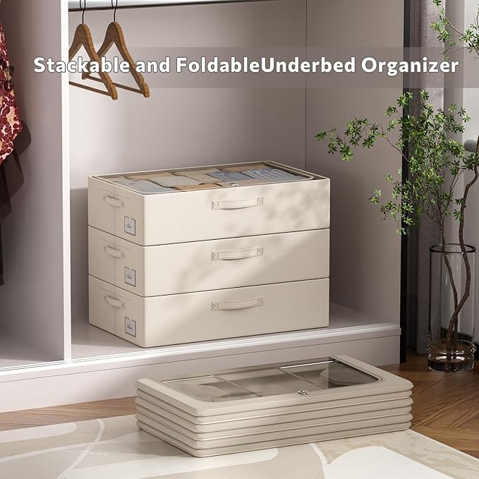 3Pcs Under Bed Storage Bins with Metal Frame - Shoe Organizer for Closet with Clear Cover Oxford Fabric Sturdy Underbed Container Foldable Stackable Clothes Organizer (Beige, 23.5x11.8x6.3)-NeatNest