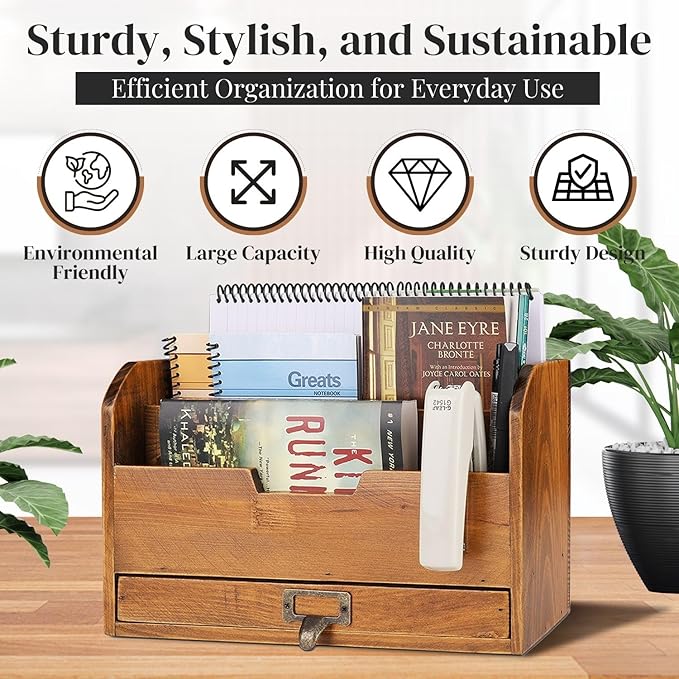 Flexzion 3 Tier Wooden Desk Organizer - Country Rustic Compartments Slot File Tray Pencil Sorter Shelf Holder Supplies Rack Accessories Set with Storage Drawer for Desktop Tabletop Office Home Brown-NeatNest
