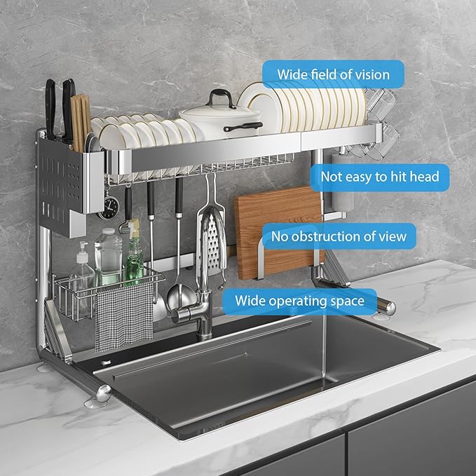 Over The Sink Dish Drainer Drying Rack, 2 Tier Adjustable Width (20.87'' to 37.6'') 304 Stainless Steel Large Over Sink Dish Drying Rack for Kitchen Counter Organizer, (Silver)