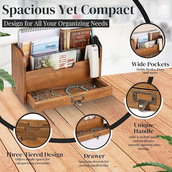 Flexzion 3 Tier Wooden Desk Organizer - Country Rustic Compartments Slot File Tray Pencil Sorter Shelf Holder Supplies Rack Accessories Set with Storage Drawer for Desktop Tabletop Office Home Brown-NeatNest