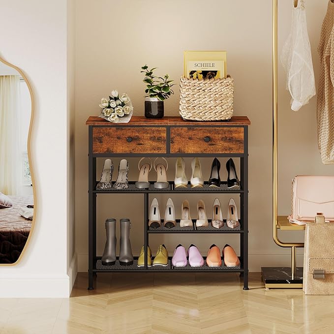 Snughome Shoe Rack for Entryway, 4 Tier Shoe Organizer with 2 Non-Woven Drawers, Shoe Storage Shelves with Sturdy Wooden Top and Metal Shelves, Shoe Stand for Closet-NeatNest