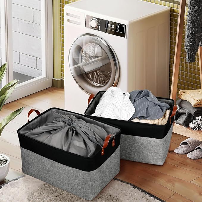 DULLEMELO Extra Large Canvas Fabric Storage Basket, 70L Foldable Closet Storage Bin with Handles, 22" Large Blanket Basket Living Room for Storage Toys, Pillows, Clothes, Books (Black&Grey)-NeatNest
