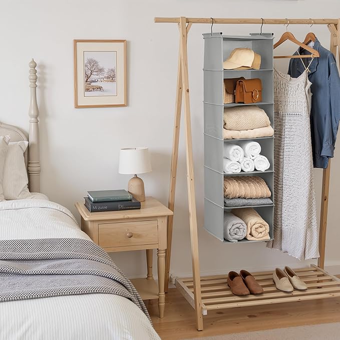 GRANNY SAYS 6 Shelf Hanging Closet Organizers and Storage, Collapsible Closet Hanging Organizer with 2 Sturdy Hooks, Large Hanging Shelves for Kids Baby Clothing Organizer, Ash Gray-NeatNest