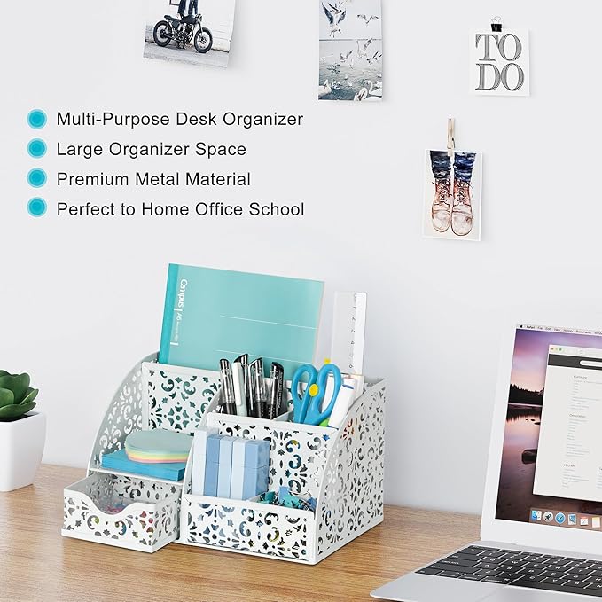 EasyPAG Desk Organizer with Sliding Drawer - 6 Compartments Metal Desktop Caddy, Decorative Elegant Hollow Flower Design, Anti-Scratch Pads for Home, Office, School, White-NeatNest