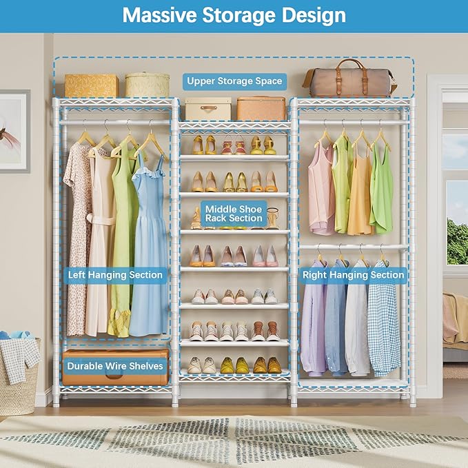 VIPEK S3C Heavy Duty Portable Closet, Adjustable Shoe Rack Wire Shelf, Large Wardrobe Organizer for Bedroom Storage, Freestanding Clothes Rack with Hanging Rod, Custom White Rack with Grey Cover-NeatNest