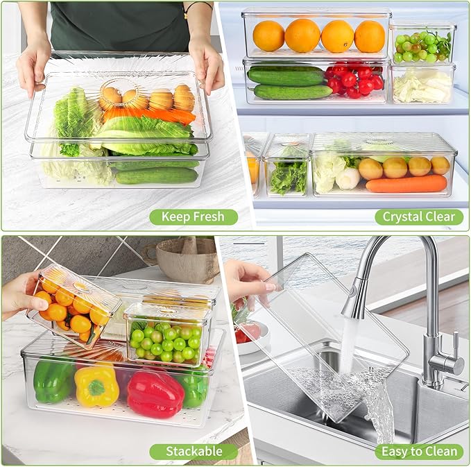 13 Pack Fridge Organizers Bins and Storage, PBA Free Refrigerator Organizer with Lids, Stackable Food Storage Bins for Kitchen, Countertops, Cabinets, Fridge, Drinks, Fruits, Vegetable