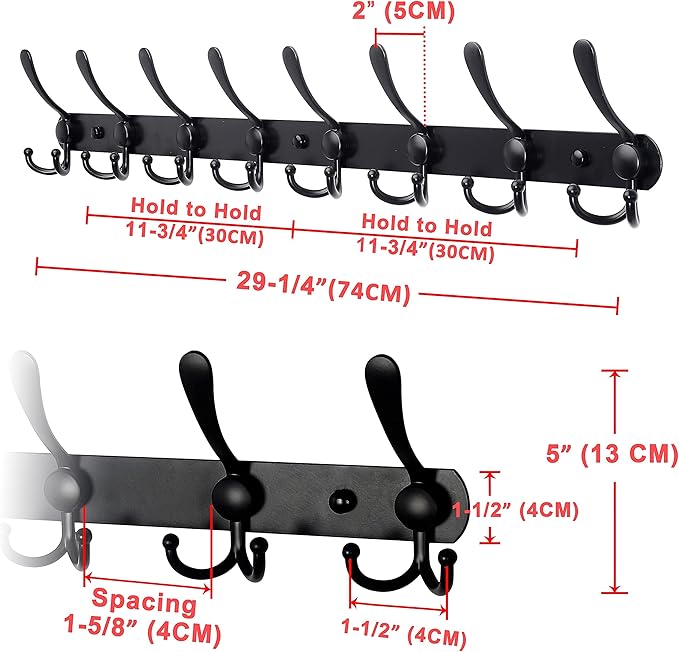 Dseap Coat Rack Wall Mount - 29.5” Long 8-Tri-Hooks Heavy Duty Coat Hanger Rail Wall Hooks for Hanging Coats Hats Clothing Clothes Purse Mudroom Entryway, Black-NeatNest