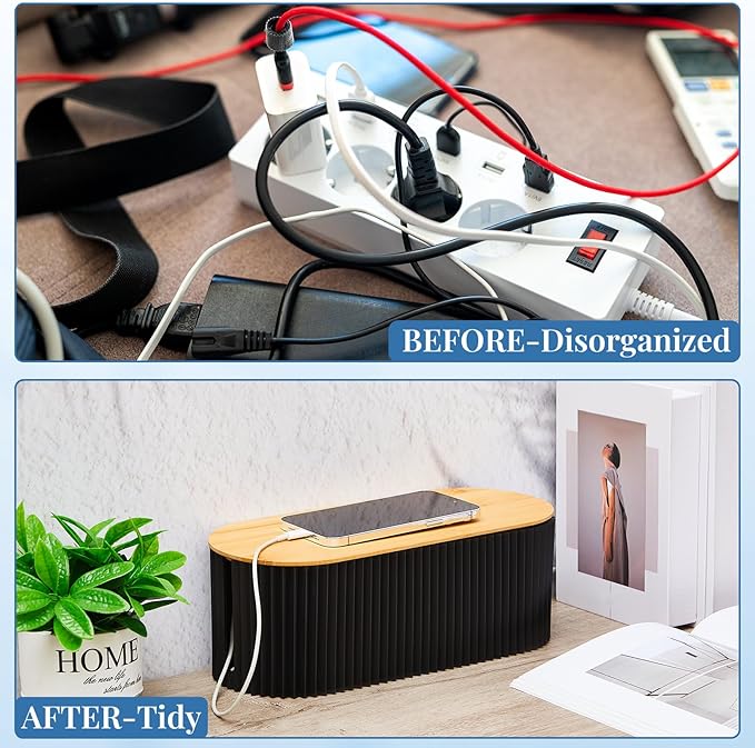 Marsui 2 Pcs Cable Management Box Cord Hider Box Cord Organizer with 46 Pcs Cable Management Kit Wire Box for Power Strips Surge Protectors Desk TV Computer Wires Home Office(Black)