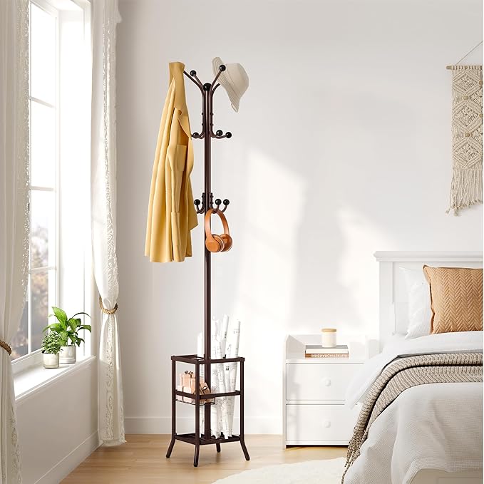 FAVOOSTY Coat Rack Freestanding,Coat Rack Stand with Umbrella Holder,Metal Coat Tree with 12 Hooks,Tree Clothes Hat for Entryway, Hallway, Bedroom, Living Room & Office -Brown-NeatNest