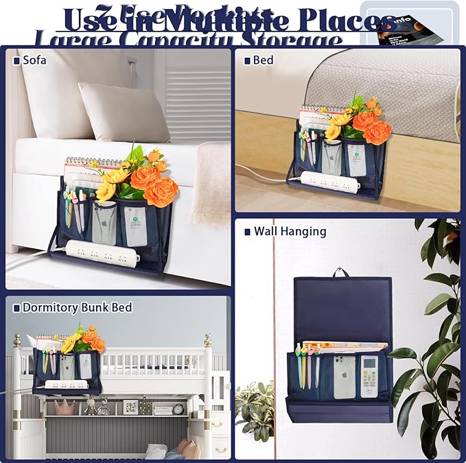 Bedside Storage Organizer with Power Strip Holder and Adjustable Straps Bed Hanging Bag for Home Bunk Bed Dorm Sofa (Navy Blue)-NeatNest