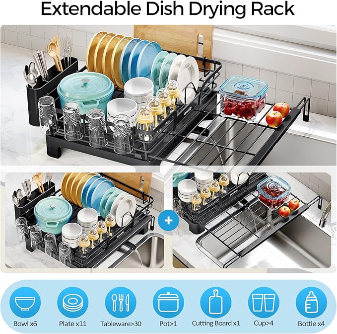 Dish Drying Rack, Extendable Dish Rack for Kitchen Counter, Large Sink Drying Dish Drainer, Stainless Steel Dish Strainer with Drainboard & Cups Holder, Black