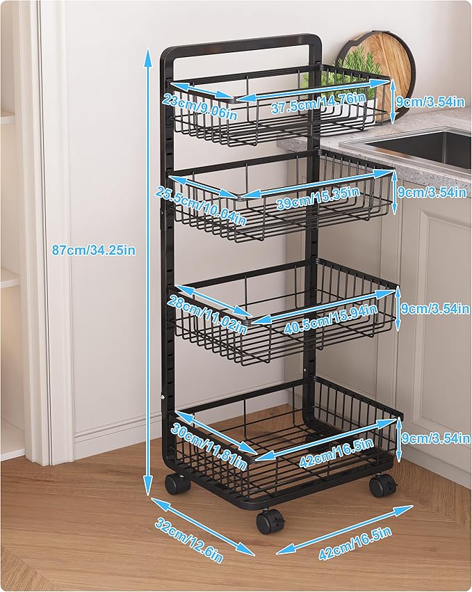 UMDONX 4-Tier Kitchen Storage Cart Metal Snack Cart Adjustable Fruit Basket on Wheels Stand Baskets for Potato Onion Produce Black