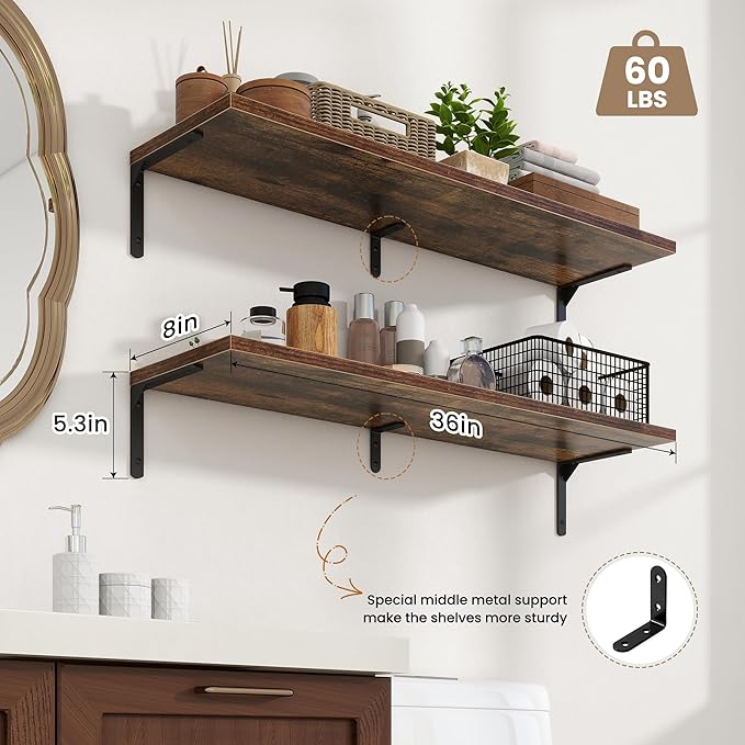 Fun Memories Deep Floating Shelves, 36W x 8D Floating Shelves Set of 2, Wall Mounted Shelf with Metal Brackets, Rustic Wood Wall Shelf for Bathroom, Kitchen and Living Room, Rustic Brown-NeatNest