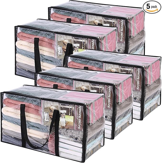 Vieshful 5 Pack Clear Comforter Storage Bag, 60L Clothes Storage Bag with Zipper Closet Organizer, Plastic Storage Containers Moving bags for Comforter, Blanket, Bedding, Duvet, Toys-NeatNest
