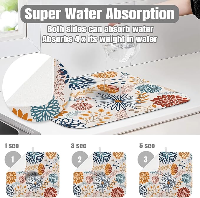 Dish Drying Mat for Kitchen Counter Large 18" x 24" Modern Flower Absorbent Microfiber Dishes Drainer Rack Mats Pad Reusable Washable