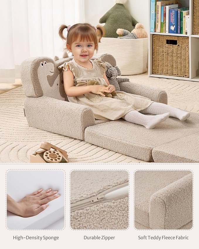 Blissful Diary Kids Couch, 2-in-1 Soft Toddler Couch Fold Out, Toddler Chair Comfy, Convertible Sofa to Lounger, Kids Furniture for Playroom, Gift for Birthday, Children's Day, Khaki Dinosaur-NeatNest