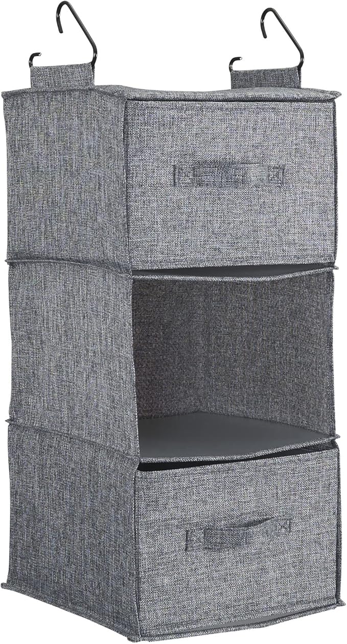 Household Essentials 3 Shelf Hanging Closet Organizer, Hanging Shelf with Hooks, Poly Linen and PEVA Shelving-NeatNest