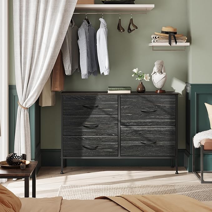 WLIVE Dresser for Bedroom with 5 Drawers, Wide Dressers with Drawer Organizers, Chest of Drawers, Fabric Dresser for Living Room, Closet, Hallway, Charcoal Black Wood Grain Print-NeatNest