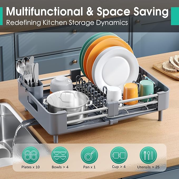 Dish Drying Rack for Kitchen Counter, Extendable Dish Rack with Drainboard, Expandable Dish Drainer, Collapsible Dish Strainer with Cutlery Holder, Foldable Home Countertop Plate Storage Rack, Gray
