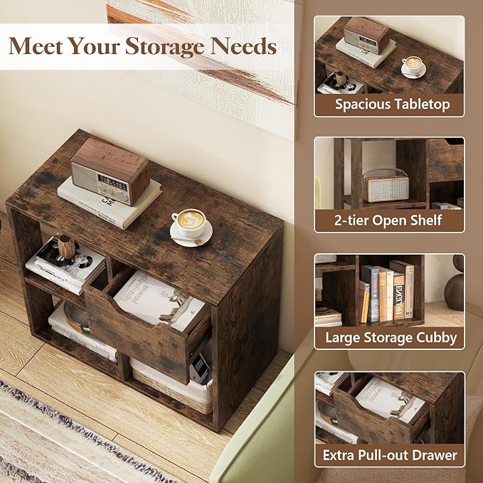 Giantex 3 Cube Bookcase with Drawer, 2 Tier Bookshelf for Small Space, Modern Freestanding Display Rack with Open Shelves, Book Case, Wood Cube Storage Organizer Bedroom Living Room, Rustic Brown