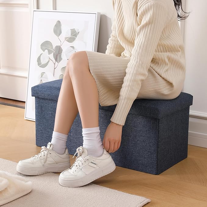 CUYOCA Storage Ottoman Bench Foldable Seat Footrest Shoe Bench End of Bed Storage with Flipping Lid, 75L Storage Space, 30 inches Linen Fabric Navy-NeatNest