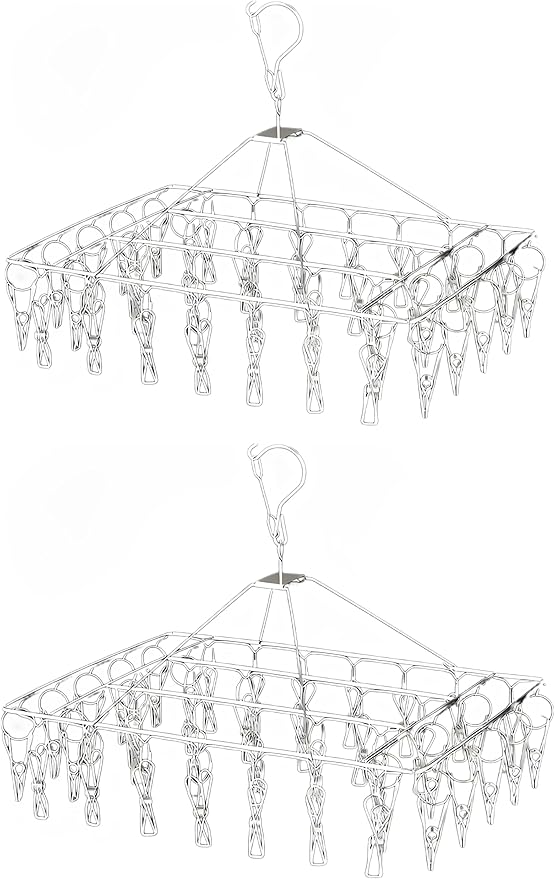 2 Pack Stainless Steel Sock Drying Rack with 80 Clips,360° Rotatable Windproof Hook Clothes Hanger Rack for Herb,Bras,Underwear,Baby Clothes,Hat,Scarf,Pants,Gloves,Towel and Laundry Accessories-NeatNest