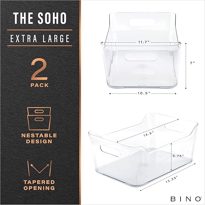 BINO | Plastic Storage Bins, X-Large - 2 Pack, Clear | THE SOHO COLLECTION | Pantry Organizers and Storage Containers Fridge Organizer Bins Kitchen Cabinet Organizer Medicine Cabinet Organizer Bin-NeatNest