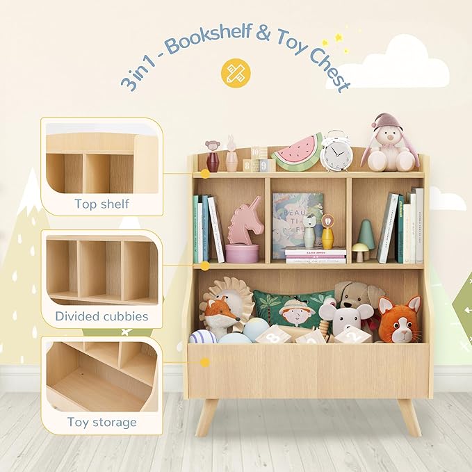 Curipeer Kids Bookshelf and Toy Storage, 3-Tier Wooden Bookcase, Baby Book and Toy Storage Display Organizer with Spacious Top Shelf for Children, Friends, Family, Natural Wood Color-NeatNest
