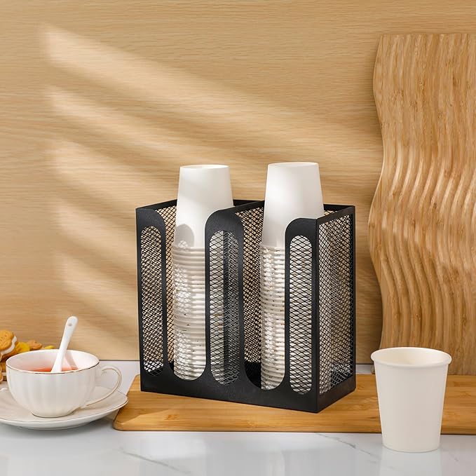 Maxcheck Metal Mesh Cup and Lid Holder Coffee Paper Cup Dispenser Lid Holder Storage Organizer Countertop or Wall Mount for Coffee Bar, Kitchen, Breakroom(2 Compartments)