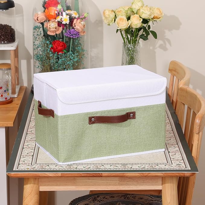ANMINY Storage Boxes with Lids Washable Decorative Storage Bins Basket with PU Leather Handle Foldable Linen Fabric Storage Cubes Containers for Home Closet Organizer - Green White, Large Size-NeatNest