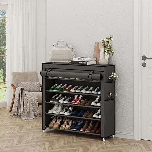 Calmootey 5 Tier Shoe Rack Organizer to Hold 25 Pairs, Portable Shoe Shelf with Nonwoven Fabric Cover for Closet Hallway, Bedroom, Entryway, Grey-NeatNest