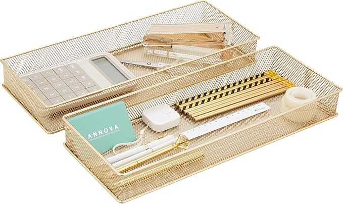 Annova Mesh Stackable Drawer Cabinet and Shelf Organizer Bins Storage Basket School Office Supply Holder Tray- Set of 2 (Gold, 6x15x2 Inch)-NeatNest
