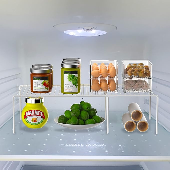 iPEGTOP Set of 2 Expandable Kitchen Cupboard Organiser, 4-Piece Adjustable Freezer Cabinet Storage Wire Shelf Rack Rustproof Metal Shelves Space Saver for Countertop Pantry Drawer Utensils (White)-NeatNest