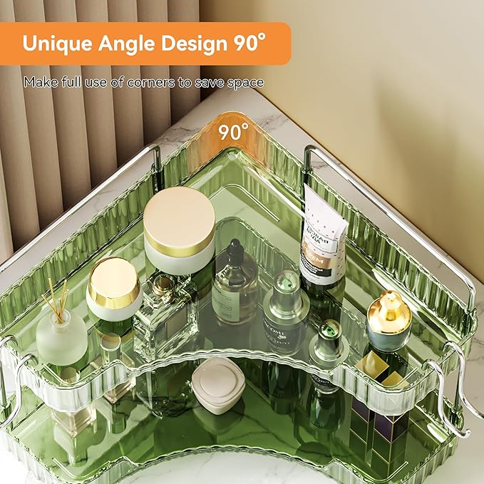 Makeup Organizer for Vanity 2 Tier Bathroom Organizers and Storage Countertop with Hooks Skin Care Exquisite Vanity Organizers Corner Bathroom Counter Storage-Green-NeatNest