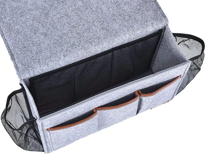 Bedside Caddy, Large Size Storage Organizer with 8 Pockets - Perfect for Magazine, Remotes, Phone (13.4'' x 18.1'', Light Grey)-NeatNest