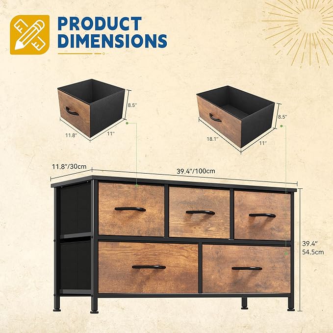 DWVO Dresser for Bedroom with 5 Drawers - Fabric Storage Tower, Long Fabric Dresser, Organizer Unit for Bedroom, Closet, Hallway-NeatNest