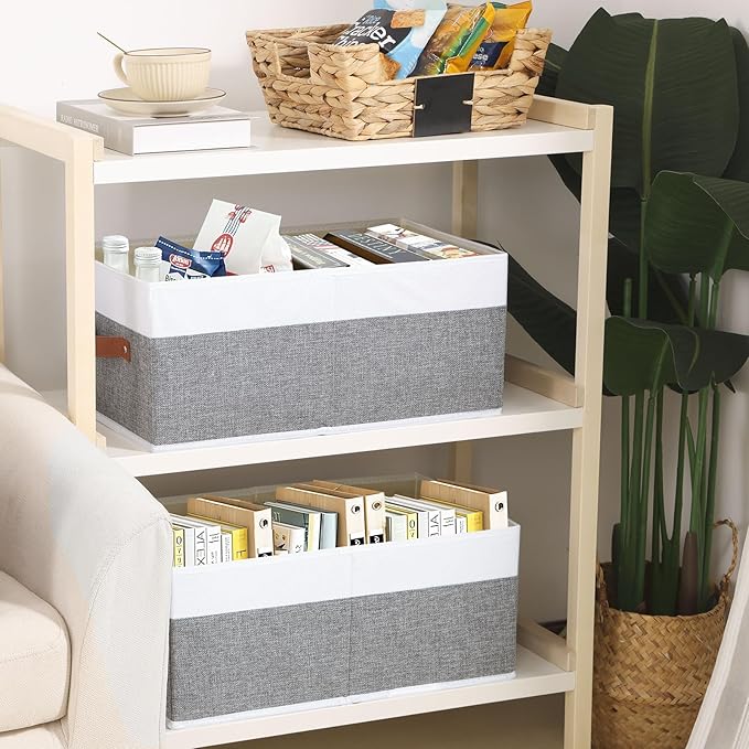 Foldable Storage Bins, 16.1 × 9.8 × 6.5 inch Closet Bin with Handles, Fabric Clothes Boxes for Drawers, Baskets for Organizing Shelves, 4 Pack, White and Grey-NeatNest