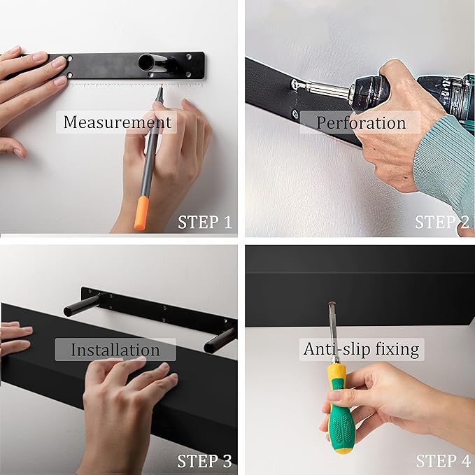 BAMEOS Floating Shelves, Black Wall Mounted Wooden Shelves with Invisible Brackets Set of 2, Hanging Wall Shelves Decoration for Bedroom, Bathroom, Living Room and Kitchen-NeatNest