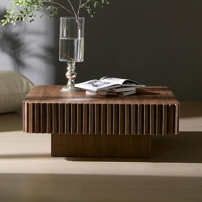 35.43" Square Fluted Drum Coffee Table, Handcrafted Accent Table Modern Contemporary Pedestal Coffee Table for Living Room Small Space - Walnut