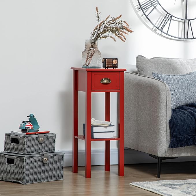 HOMCOM 2-Tier Side Table with Drawer, Narrow End Table with Bottom Shelf, for Living Room, Set of 1, Red