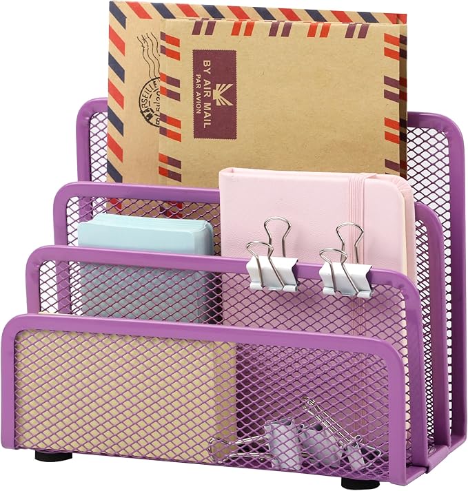 EASEPRES Desk Mail Organizer, Office Small Desktop Metal Mesh Envelope Letter Sorter Paper File Holder Organizer with 3 Vertical Upright Compartments, Purple 1 Pack