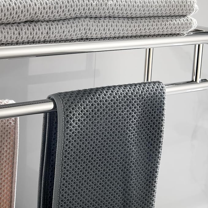 Bathroom Towel Rack 24 Inch Tower Holder with Double Towel Bar Polished Chrome Towel Rack Wall Mounted SUS304 Stainless Steel Hotel Towel Shelf Modern Towel Hanger